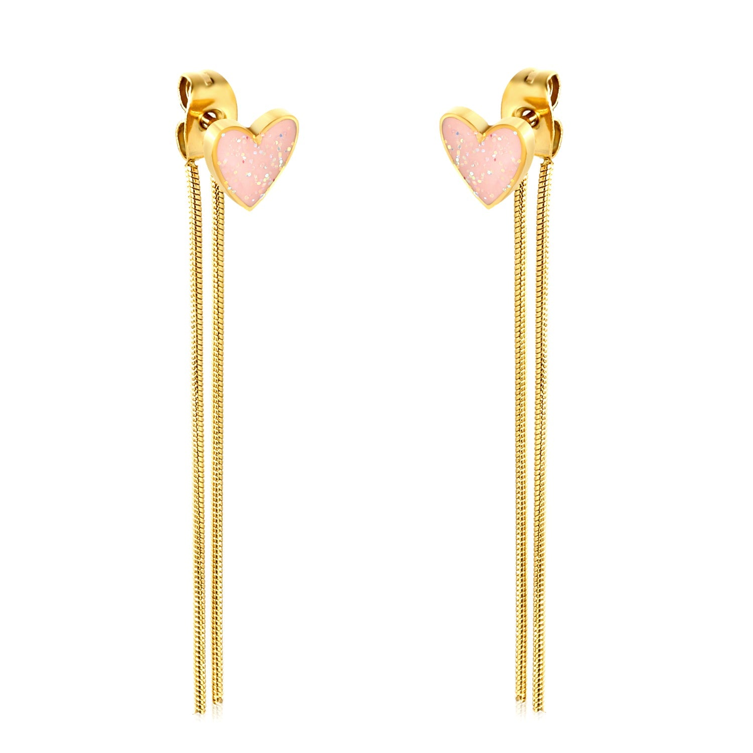 7.2*6.9mm Pink Drops Peach Heart + 0.9*40mm Round Snake Chain Tassel Earrings Gold asonjewelry